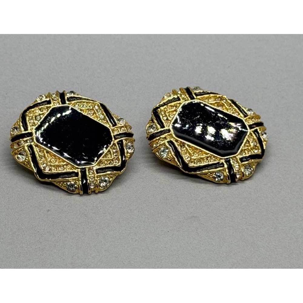 Vintage Gold‎ Tone Black Enamel Center Clear Rhinestone Panel Design Clip On - Picture 3 of 11